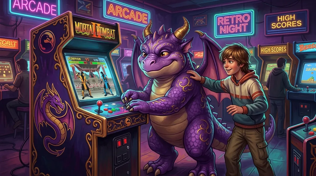 The Fat Dragon mascot playing Mortal Kombat at a retro arcade cabinet