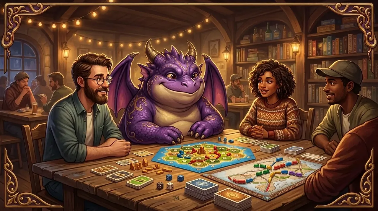 The Fat Dragon mascot playing Catan and Ticket to Ride with friends at a cozy cafe table