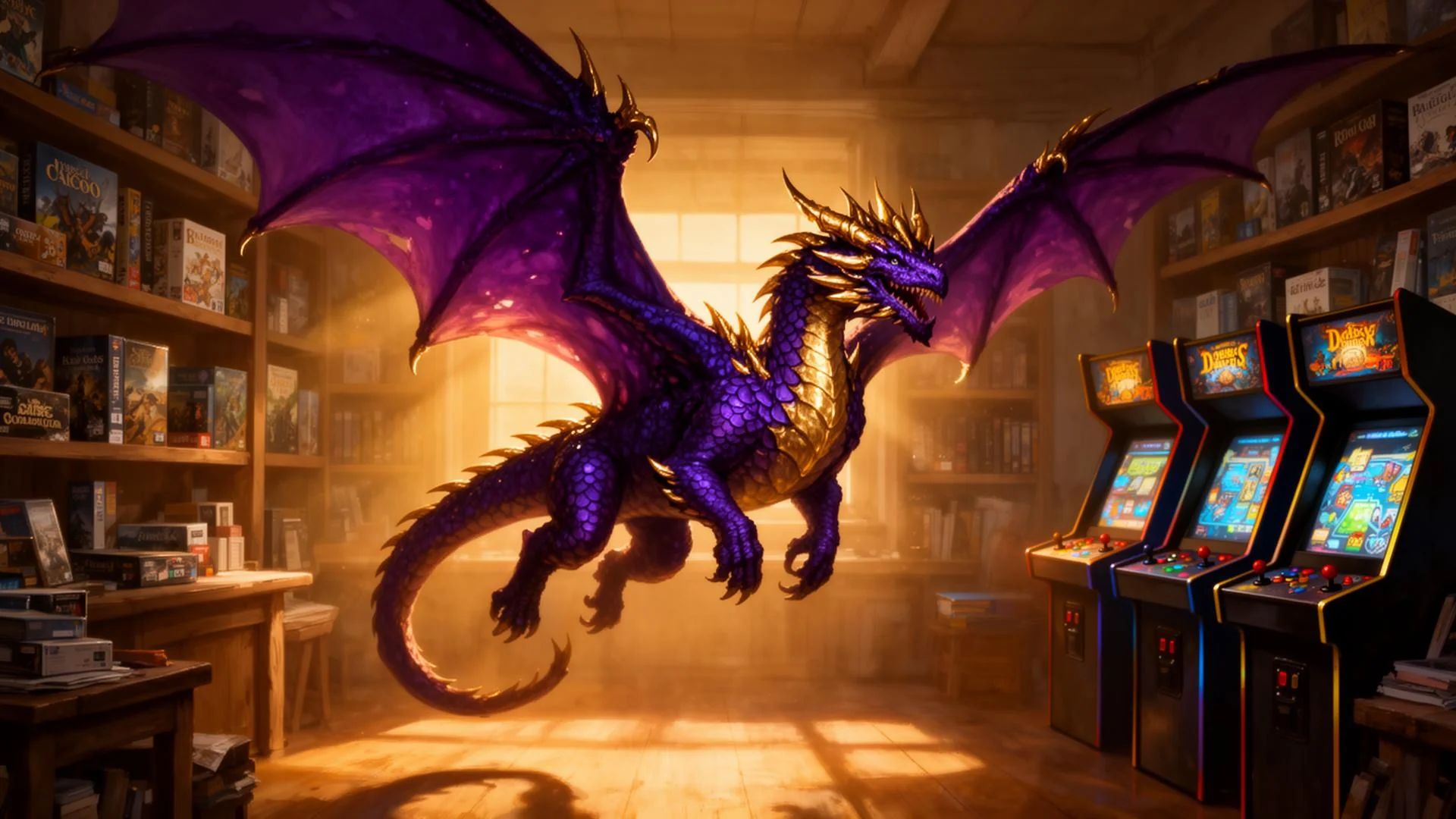 Cozy game shop interior with board games and warm lighting